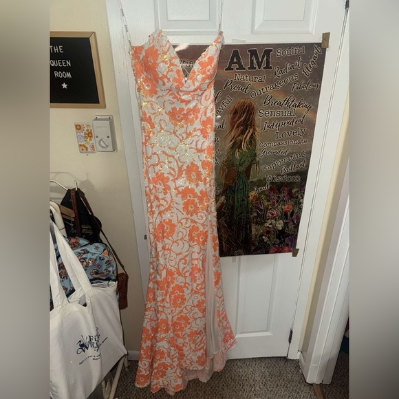 jovani orange and white prom dress Orange Sequin Floral Prom Dress With Slit 40757